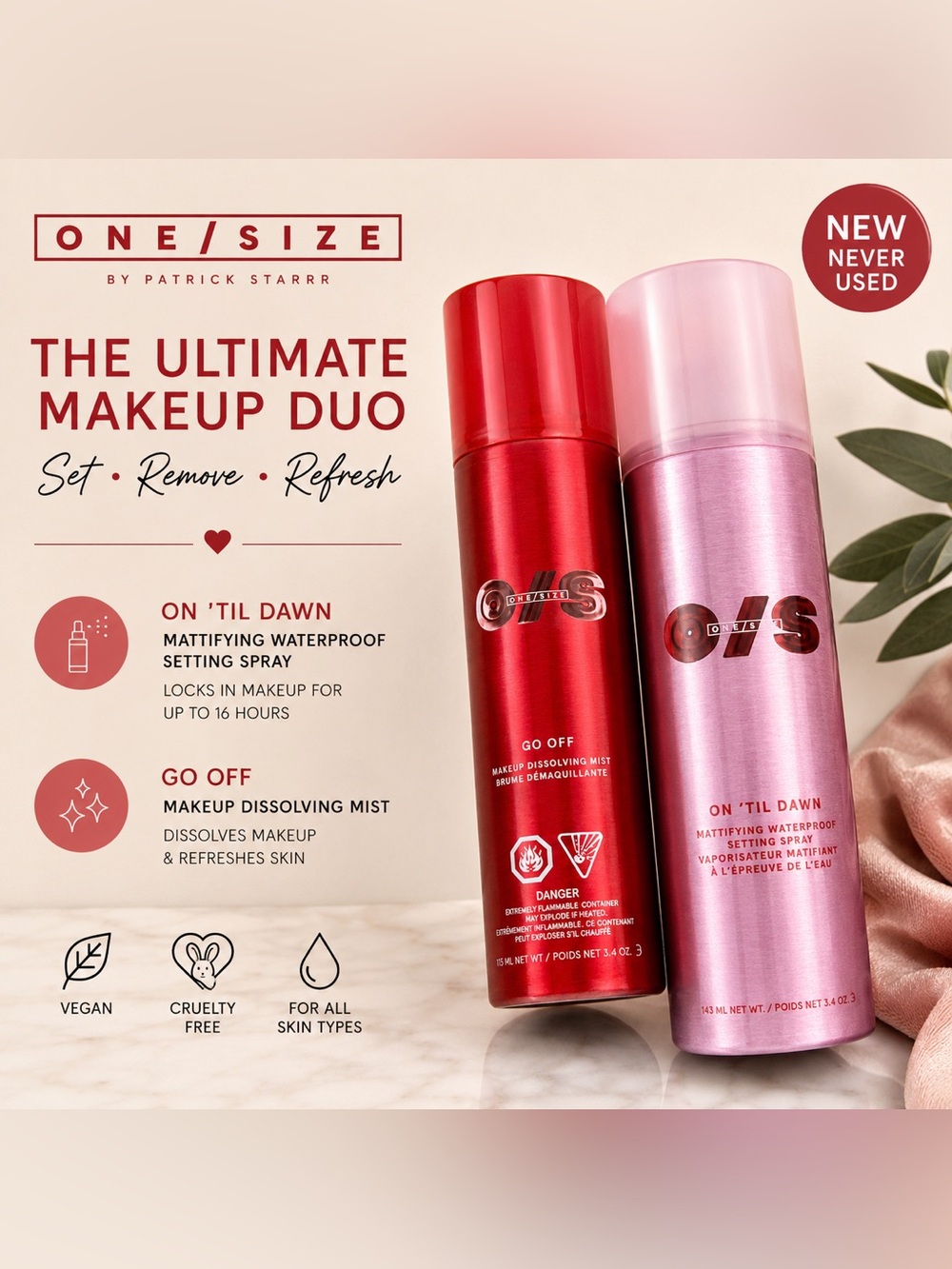 ONE/SIZE Go Off Makeup Dissolving Mist & On ’Til Dawn Spray Bundle NIB